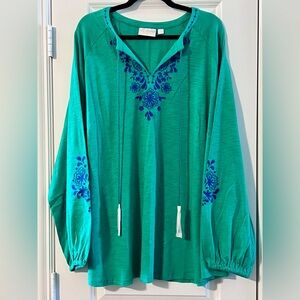 Kim Gravel Embroidered Green and Blue Women's Top